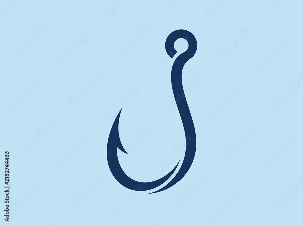 Fototapeta premium Abstract minimalist fishing hook vector illustration with a sharp barb and curved shank, isolated on a light blue background for nautical and angling design concepts.