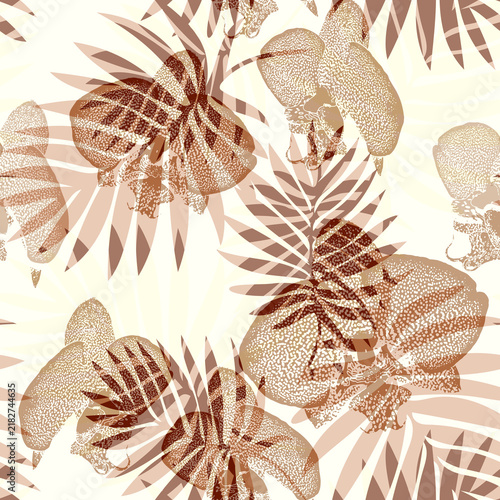 Light beige exotic calm earth tones seamless pattern with orchid flowers and palms tropical leaves. Floral illustration for bedding, home textile, wallpaper, decor, package. Rapport illustration.