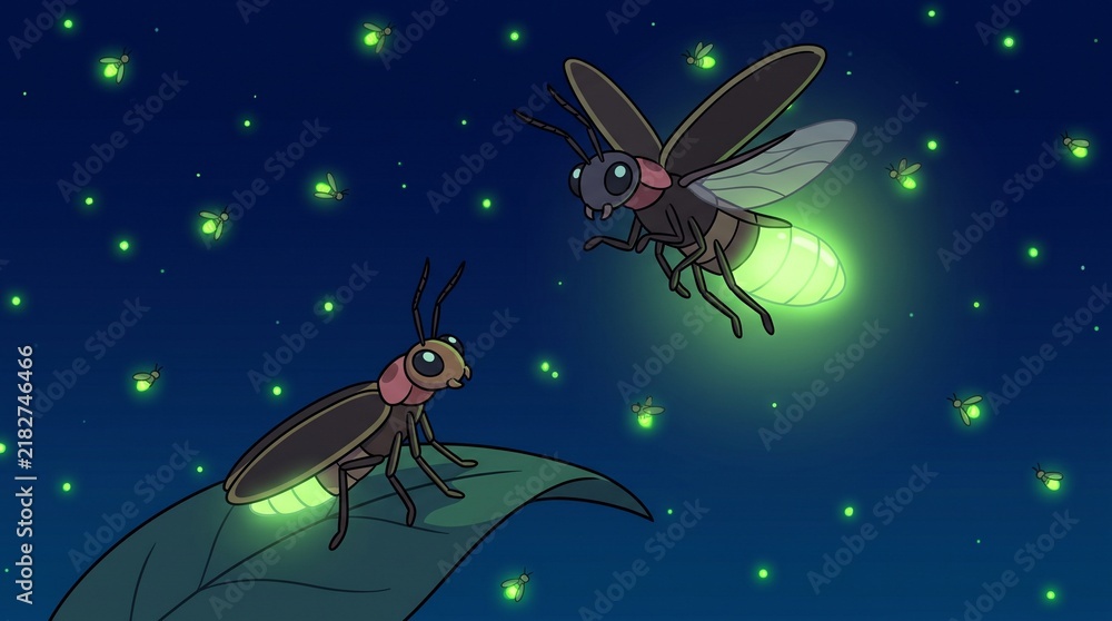 Naklejka premium Animated fireflies glowing in the night sky with one insect perched on a green leaf