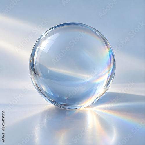 Glossy sphere with refractive light creating subtle rainbow prism effect, cool blue-white base, artistic creative UI background asset