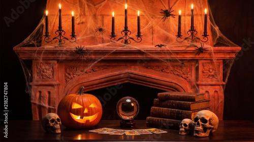 Spooky Halloween Mantle Decor with Glowing Jack O Lantern and Crystal Ball for Atmospheric Haunted House Celebration and Mysterious Occult Holiday Magic