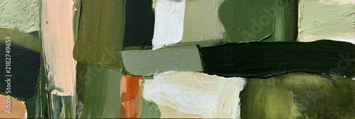 abstract green painted brush strokes with peach and copper accents, abstract olive green and pastel brushstroke texture on canvas, contemporary earthy abstract painting in green cream and peach tones