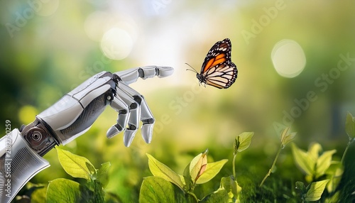 robotic hand reaching out to a butterfly metal mechanical arm interacting with nature