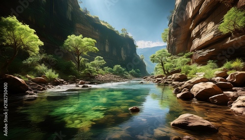 serene canyon river scene with rocky walls and green foliage