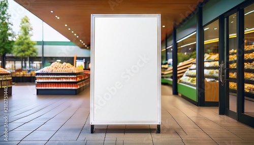 vertical white advertising sign standing in a grocery store entrance with marketing copy space