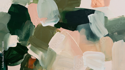 abstract green painted brush strokes with peach and copper accents, abstract olive green and pastel brushstroke texture on canvas, contemporary earthy abstract painting in green cream and peach tones