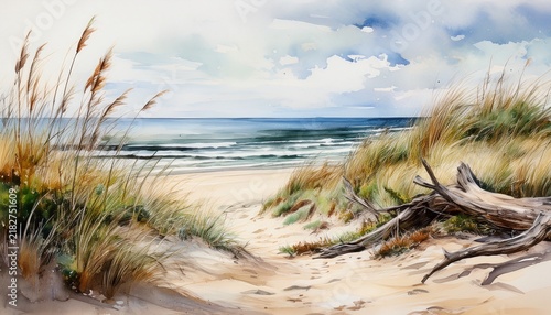 watercolor depicting coastal dunes beach grass sand driftwood calm ocean generative ai