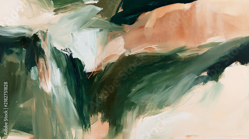 abstract green painted brush strokes with peach and copper accents, abstract olive green and pastel brushstroke texture on canvas, contemporary earthy abstract painting in green cream and peach tones