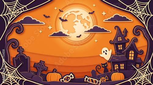 Paper cut Halloween background with copy space, spooky haunted house, full moon, cemetery graveyard, cute ghost, black cat, and spider web frame