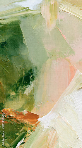 abstract green painted brush strokes with peach and copper accents, abstract olive green and pastel brushstroke texture on canvas, contemporary earthy abstract painting in green cream and peach tones