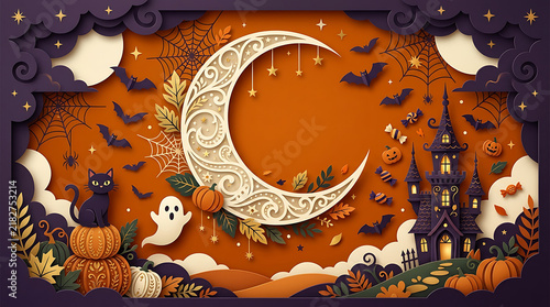Paper cut Halloween moonlight background with ornate crescent moon, spooky haunted castle, black cat on pumpkins, cute ghost, and flying bats