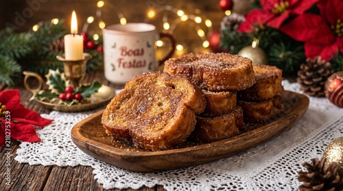 Commercial culinary stock photo of golden-brown rabanadas French toast slices coated in cinnamon sugar, arranged on a wooden plate with festive Christmas decorations.