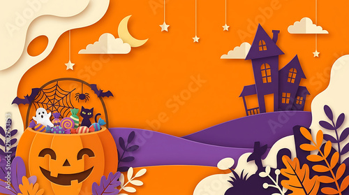 Paper cut Halloween background with copy space, spooky haunted house, jack o lantern candy bucket, cute ghost, black cat, and spider web