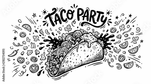 Hand drawn taco party doodle illustration with flying ingredients in black and white sketch style