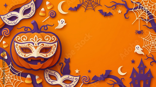 Paper cut Halloween masquerade party background with copy space, carved pumpkin wearing carnival mask, haunted house, candy, and spider web frame