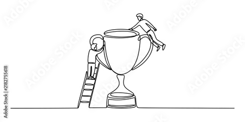 Continuous line drawing Two business people climbing a ladder to reach a large trophy cup