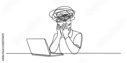 Continuous line drawing Stressed person with messy thoughts working on a laptop computer