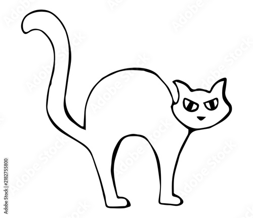 Hand Drawn Halloween Black Cat with Arched Back and Fluffy Tail Line Art Doodle Illustration