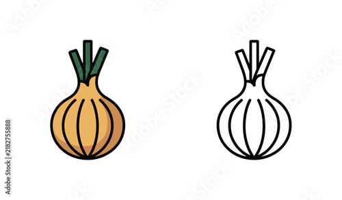 Yellow onion vegetable line art icons in colored and outline coloring book style.