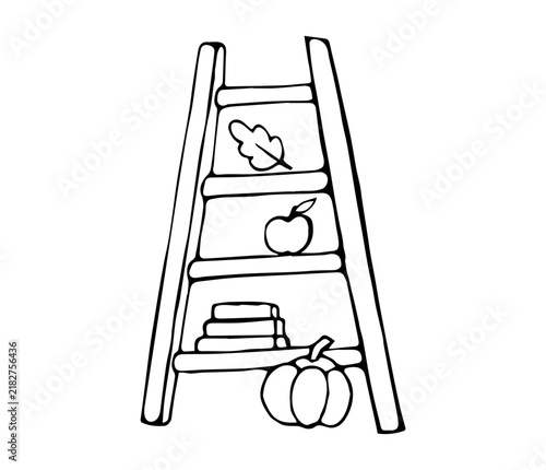 Hand Drawn Wooden Ladder Shelf with Autumn Leaf Apple Books and Pumpkin Line Art Doodle Illustration