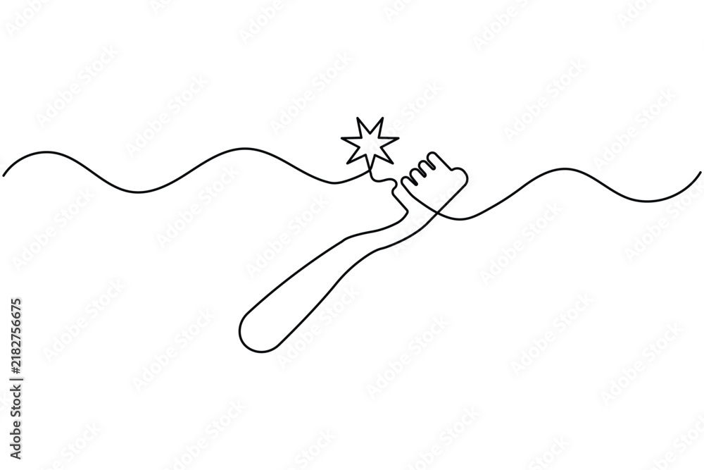 Fototapeta premium Toothbrush continuous line art design featuring a star spark with wavy line and editable strok