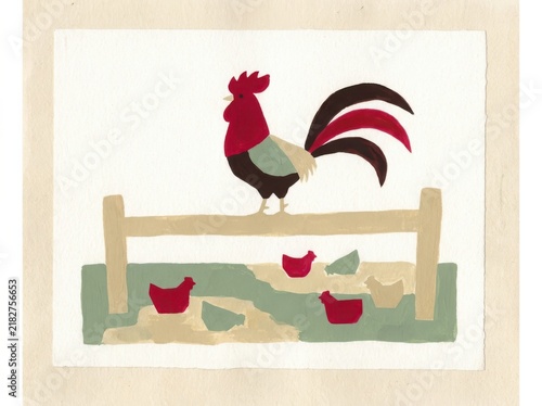 Rooster on fence with hens in a handmade paper collage scene