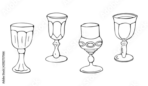Hand Drawn Vintage Wine Goblets Set Different Styles Line Art Doodle Illustration for Tableware Design