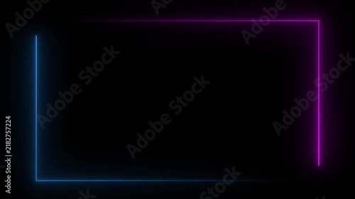 Purple and blue laser neon glowing light rectangular frame background, repetitive motion animation and flashing. rectangular border abstract background,