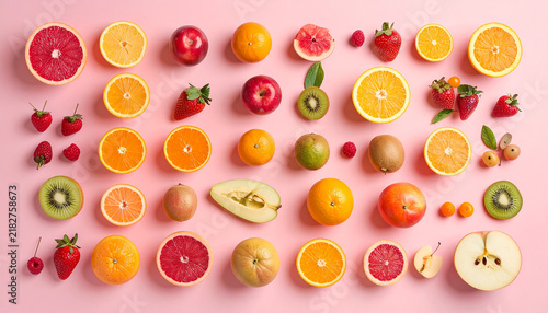 Knolling flat-lay arrangement of assorted summer fruits  organized neatly on a soft