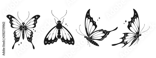 Mystical butterfly and moth line art collection vector, celestial boho insect illustration set.