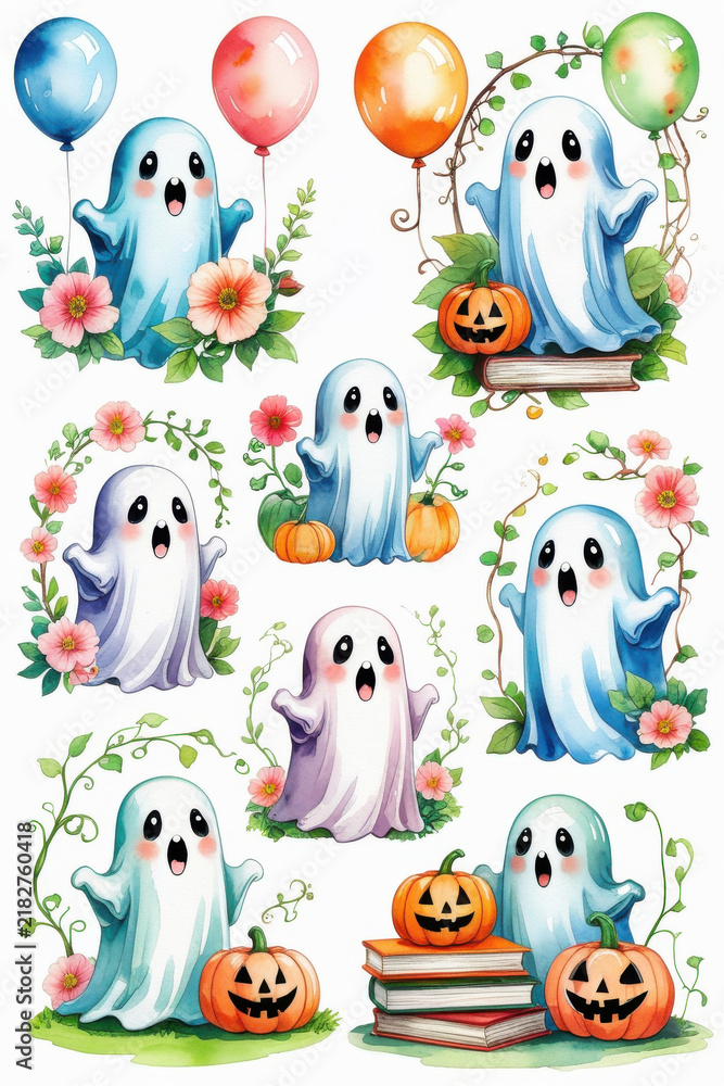 Obraz premium Cute Watercolor Halloween Ghosts Clipart Set with Pumpkins and Balloons for Kids