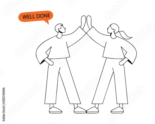Two colleagues giving high five line art vector illustration, success teamwork concept.