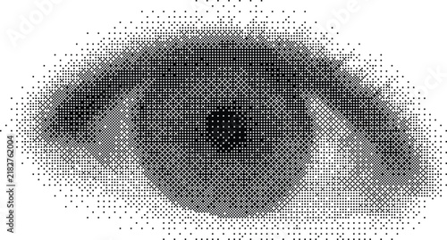 Close-up human eye in halftone dotwork texture. Vintage grunge punk collage element for expressive digital art.