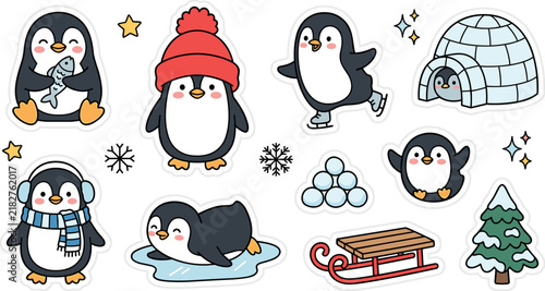 Cute penguin sticker set vector illustration featuring adorable winter cartoon characters wearing earmuffs hats ice skating sliding building igloos and snowballs.