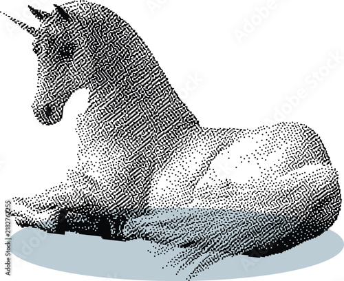 Vintage stipple halftone vector illustration of a resting mythical unicorn. Mixed media pop art collage element for fantasy design.