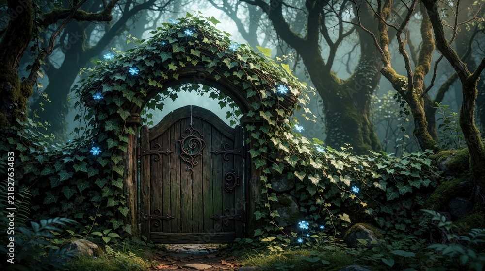 Obraz premium Old wooden gate entwined with ivy and glowing blue flowers opens into a mysterious forest path. Ancient trees form a dense canopy overhead, shrouded in mist.