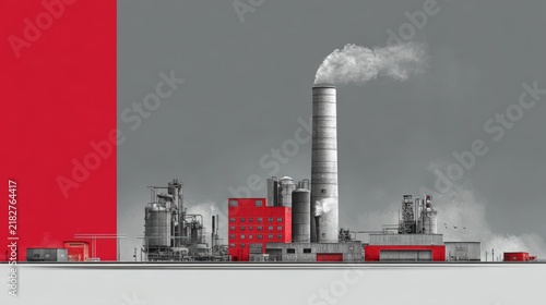 Red Industrial Factory with Smokestack and Smoke
