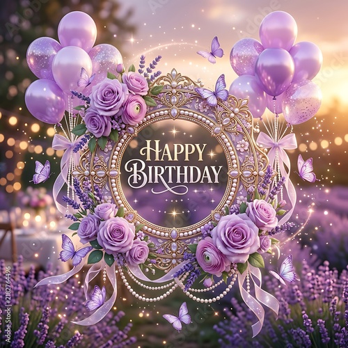Elegant happy birthday greeting card with purple roses and balloons in a magical garden setting