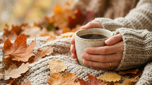 A warm cup of coffee held by hands in a cozy knitted sweater, surrounded by vibrant autumn leaves. Perfect for a cozy fall morning.