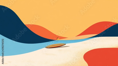 Abstract Beach Wave Landscape with Striped Surfboard