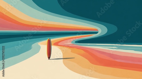 Abstract Beach Wave Illustration with Lone Surfboard