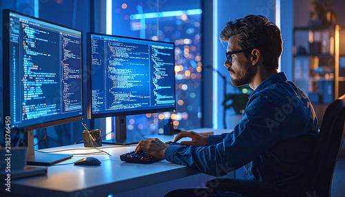 Late Night Innovation- A focused software engineer sitting at a desk with triple