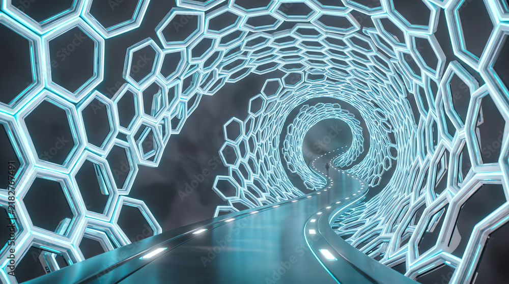Obraz premium Abstract digital tunnel with a person walking towards a glowing circular light source