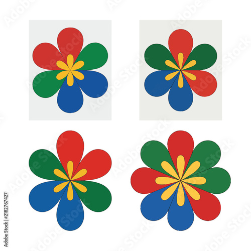 Brightly colored stylized floral patterns with petals in red, green, blue, and a cheerful yellow center