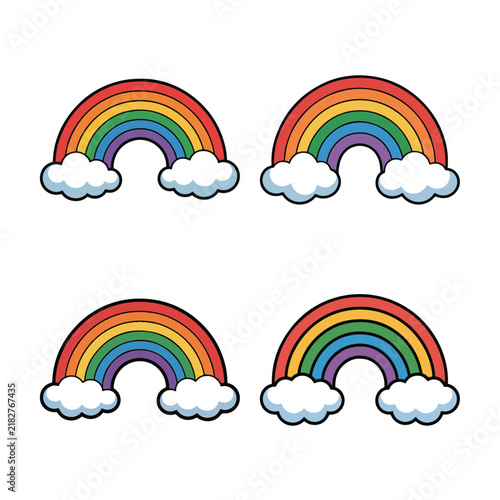 Collection of bright colorful rainbows with fluffy white clouds, representing happiness, diversity, and magical childhood dreams
