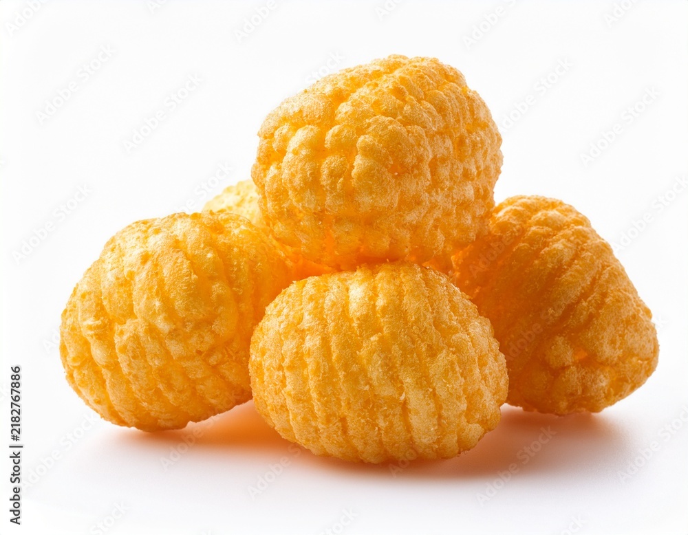 Obraz premium puffed corn snacks cheesy isolated on white background puff corn or corn puffs cheese flavor on white