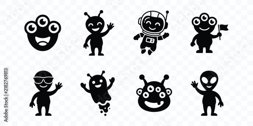 Foto Set of cute black alien character icons expressing various emotions and poses in
