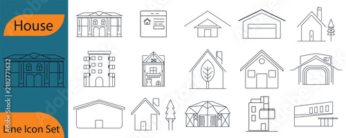 House line icon set with building illustrations