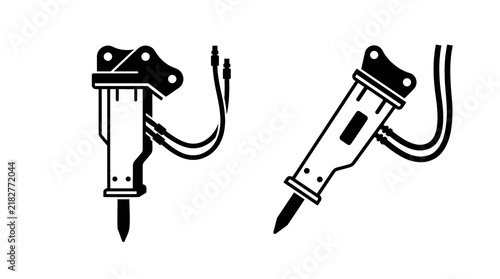 1 color. 2 SAMPLE ICON SETT. NO TEXT Clean minimalist flat vector illustration of a modern hydraulic rock breaker attachment, pure isolated subject, no shadow, no background elements, pure white solid