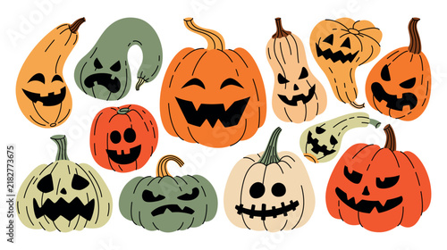 Hand drawn vector set of Halloween pumpkins and gourds with funny, spooky and expressive faces. Cartoon squash and zucchini lantern characters with festive vibe and playful atmosphere for fall designs